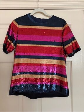 Trina Turk Multicolor Sequin Stripe Tee - Navy, Pink, Red & Gold